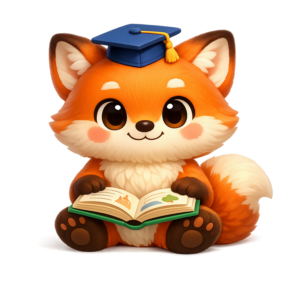 Jhamly fox mascot with an open learning book