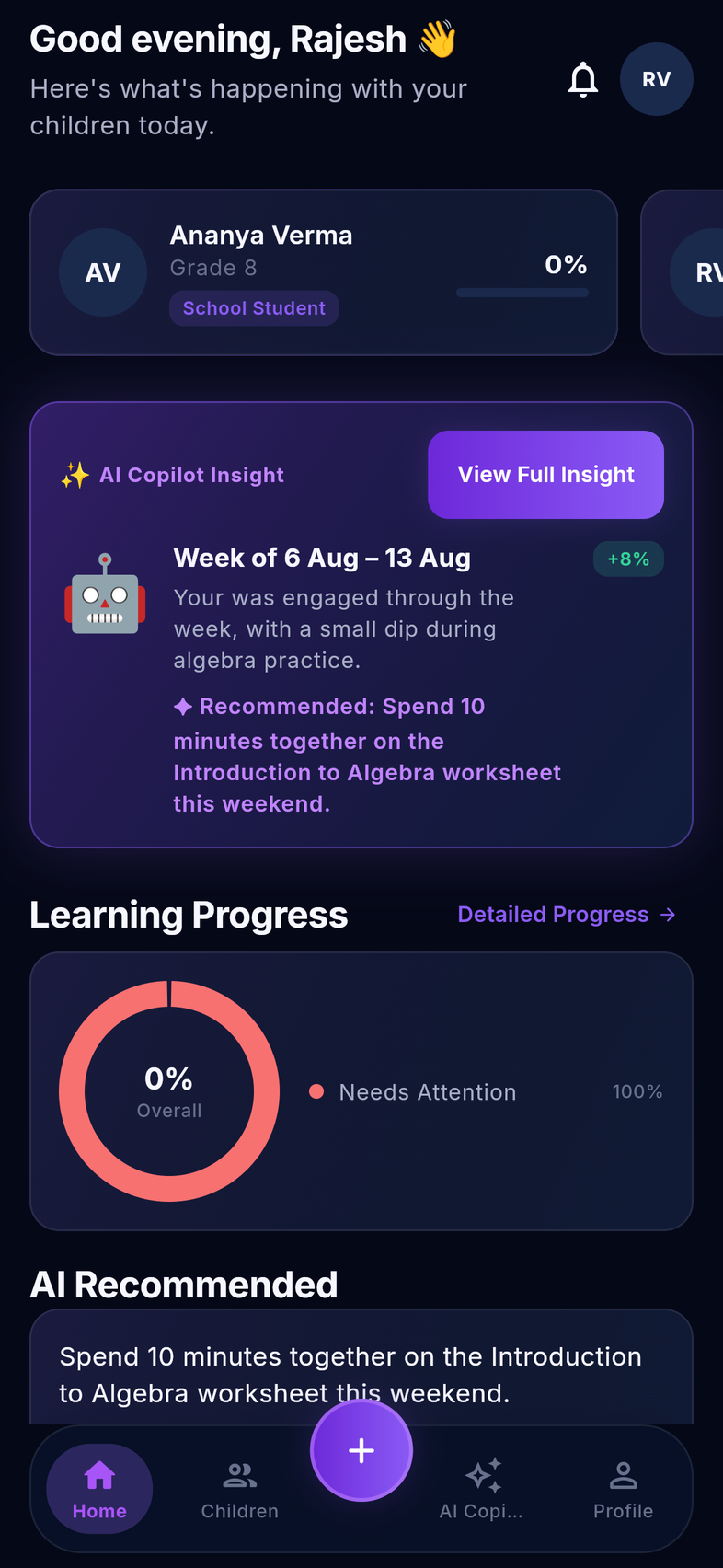 Jhamly parent app dashboard with AI Copilot insight for Ananya Verma