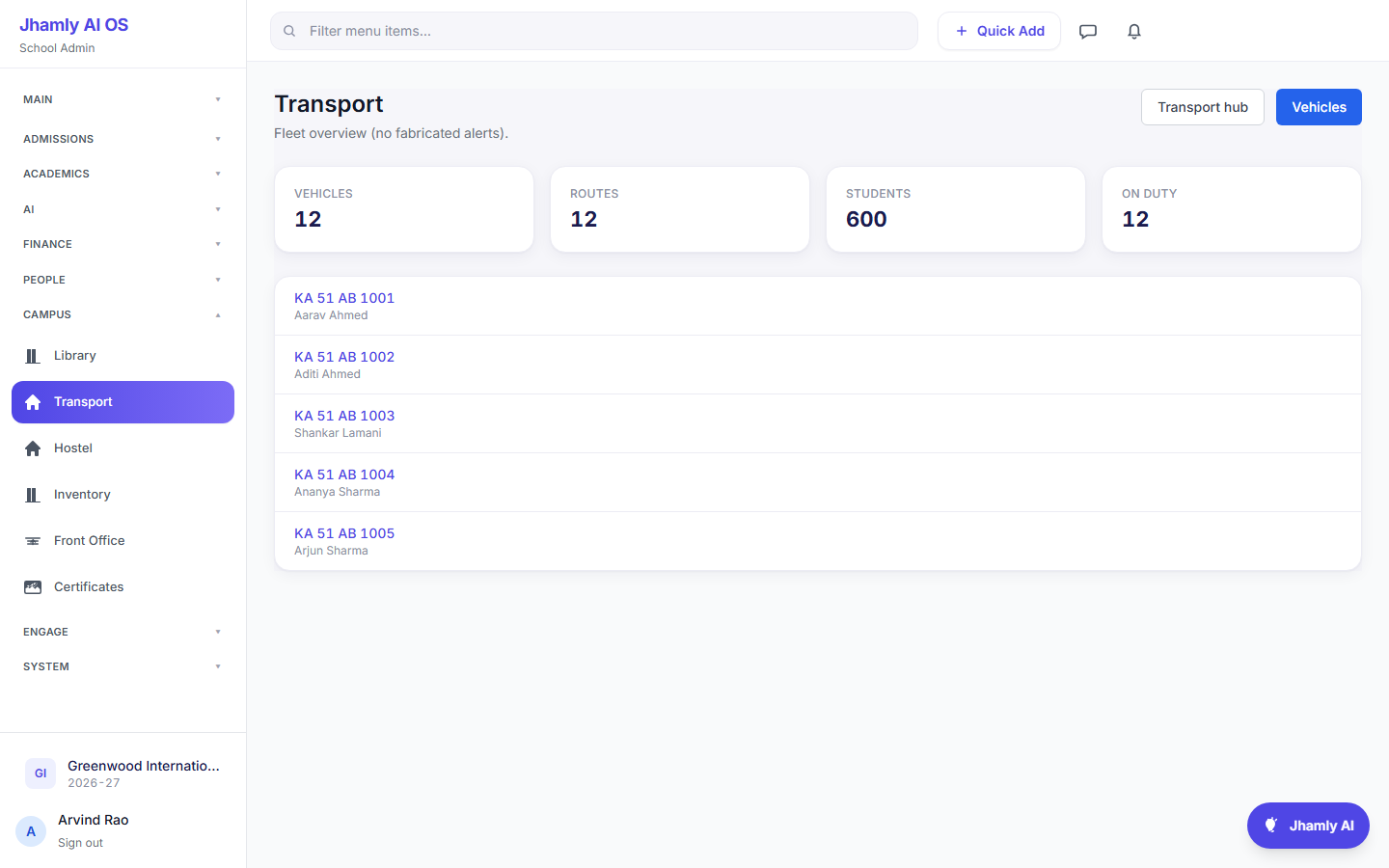 Jhamly transport tracking, live in the Greenwood demo tenant